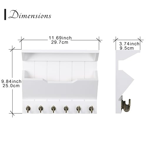 DOPACE Key and Mail Holder for Wall, Mail and Key Holder, Mail Organizer Wall Mounted with 6 Key Hooks, White