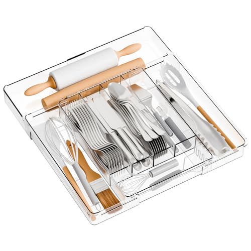 Yieach Acrylic Clear Expandable Kitchen Utensil Drawer Organizer and Silverware Organizer,BPA FREE Adjustable Silverware Tray for Drawer Cutlery,Spatula,Tools,Flatware Organizers,Fork and Spoon Holder - size: 9.4Wx12.6Lx2H Inch