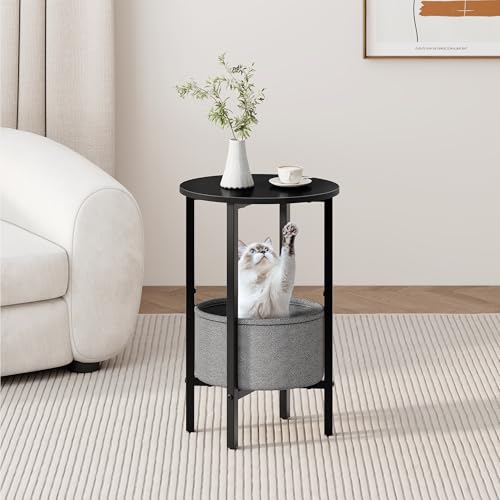Vagusicc Round Side Table End Table with Storage Basket, Small Side Table Round Nightstand for Small Spaces, Tall Oval End Table with Steel Frame, Coffee Bedside Table for Living Room Bedroom, Black - color: Black
