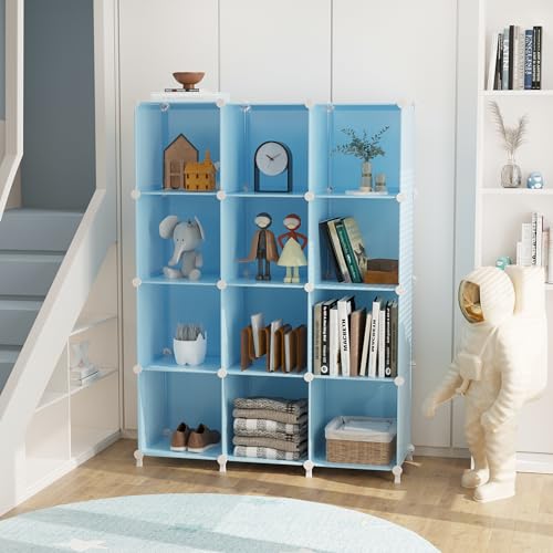 AWTATOS Cube Storage Organizer Protable Closet Organizers and Storage for Kids DIY Stackable 12 Cube Storage Shelves Clothes Organizer for Bedroom, Home, Blue - color: Blue