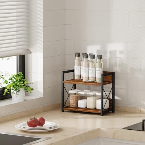 Giikin Countertop Shelf Organizer, 2 Tier Kitchen Spice Rack for Countertop, Wood Coffee Counter Shelf Organizer for Home (Brown, S) - color: Brown, size: Small