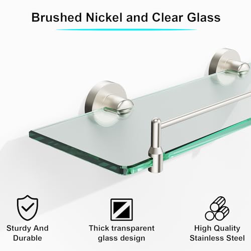 Glass Bathroom Shelves,Brushed Nickel Floating Shelves for Wall Rectangular Modern Stainless Steel Glass Shelf for Bathroom Shelves Wall Mounted 16 Inch - color: Brushed Nickel, size: 16"with railing