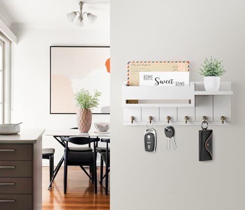 RelaxScene Key Holder Wall Mount - Key Hooks for Wall Decor Living Room - Wooden Key Hanger Rack and Mail Organizer with Shelf for Home Essentials - Modern Entryway House Decor Aesthetic - color: White, size: M(12''x4.8'')