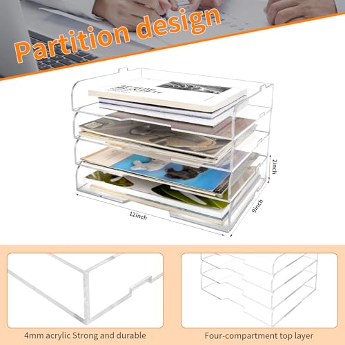 4 Pack- Stackable Paper Letter Tray,Clear Acrylic Magazine Holder and File Organizer - Sleek Desk Organizer for Home Office, Bookshelf, or Workspace - Space-Saving Transparent Document Holder - style: Stackable-4 Pack