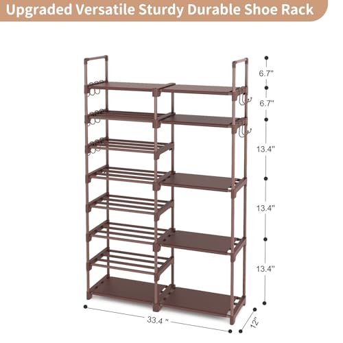 ROJASOP Shoe Rack Organizer, 8-Tier Metal Shoe Rack for Closet Entryway Garage, 26-32 Pairs Tall Shoe Boot Storage Shelf with 15 Hooks, Stackable Large Shoe Stand, Brown - color: Brown