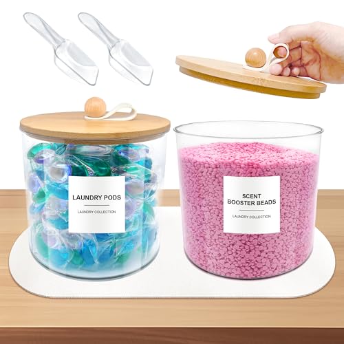 2 Pack Laundry Pods Container,Laundry Room Organization and Storage Jars,Laundry Detergent Container for Powder,Pods,Scent Booster,with Non-Slip PU Leather Pad and Handle,Bamboo Lids,Labels and Scoops - size: 6.4" x 6.5" x 6.5"