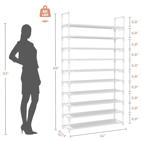 LANTEFUL Tall Shoe Rack 10 Tier Shoe Organizer Large Shoe Shelf with 18 Hooks Storage for 50 Pair Sneaker and Boot, Stackable Vertical Shoe Rack Organizer for Closet, Entryway, Bedroom, White - color: White, size: 10 Tier-68" High-34" Wide