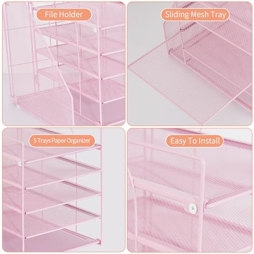 LEKETREE Desk Organizers and Accessories, 5-Tier Paper Letter Tray Organizer with File Holder, Desktop Organizer for Office Supplies (Pink) - color: Pink, size: 12" x 12" x 12"