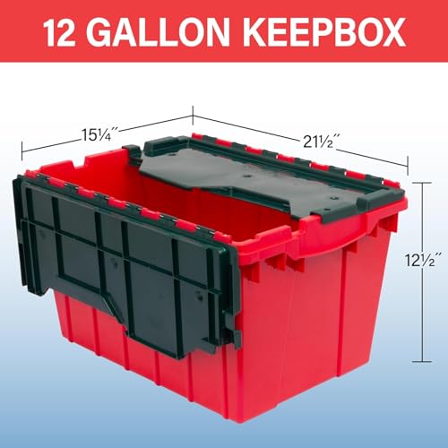 Akro-Mils KeepBox 12 Gallon Storage Container, Nesting and Stackable Plastic Storage Box with Lid Attached, Organizer Tote for Garages, Closets, and Moving, 21-1/2" x 15" x 12-1/2", Red/Green - color: Red/Green, size: 12 Gallons