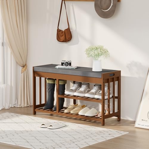 Shoe Rack Bench with Cushion,2 Tiers Shoe Bench with Flip-Top Storage,Wood Shoe Rack for Entryway, Hallway, Bedroom, Front Door Entrance (Brown) - color: Brown