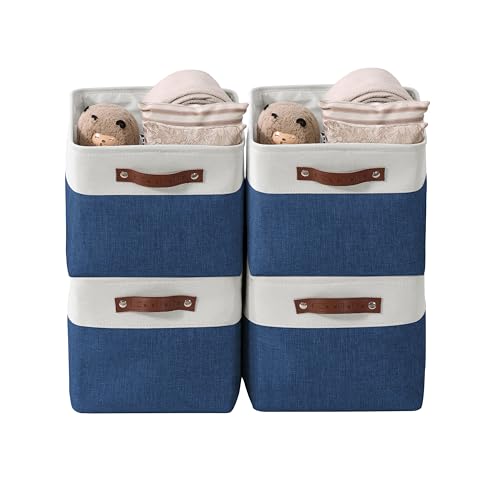 DECOMOMO Storage Bins, Large Fabric Storage Baskets for Shelves, Decorative Linen Closet Organizer, 15 x 11 x 9.5 inches (Navy Blue & White, 4 Pack) - color: Blue Navy and White, size: Large/4P