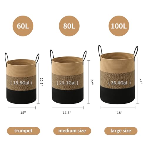 Laundry Basket Hamper Tall Rope Storage Woven for Blanket toys Dirty Clothes in Living Room Bathroom Bedroom (Jute Brown & Black, 80L/21.3Gal) - color: Jute Brown & Black, size: 80L/21.3Gal