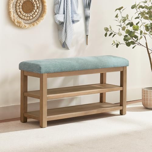 Zihanhome Shoe Rack Bench with Cushion, 2 Tier Solid Wood Storage Bench, Mid-Century Modern Shoe Bench for Entryway, Hallway, Closet, Front Door Entrance, Foyer (Teal, 39.4") - color: Teal, size: 39.4"