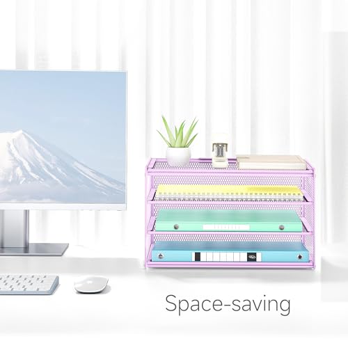 Lavatino 3-Tier Letter Tray Desk Organizer – Purple Mesh Metal Paper File Tray Organizer for Desk, Office Supplies & Home Organization | Fits A4/Letter Paper, Mail, Magazines and Office Accessories - color: 4-tier No Handle - Purple