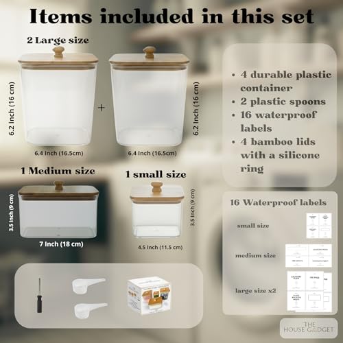 Laundry Pods Storage Container, Clear Laundry Room Organization and Storage,Detergent Powder Container,with Wooden Lids & Labels, 4 Pack