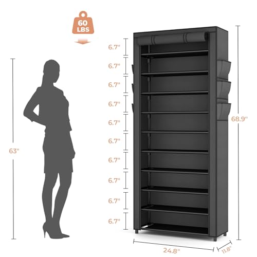 VTRIN Vertical Narrow Shoe Rack Organizer Tall Shoe Rack for Closet Entryway 10 Tier Non-Woven Cover Shoe Shelf Holds 36-41 Pairs Free Standing Shoe Storage Cabinet with Dustproof Cover, Black - color: Black, size: 24.8"W x11.8"D x 68.9"H