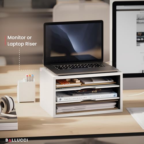 Ballucci File Organizer, 3-Tier Document Paper Sorter, Stackable Wood Desk Organizer, Mail Sorter and Monitor Stand with Storage Shelves, White - color: White, size: 3 Tier