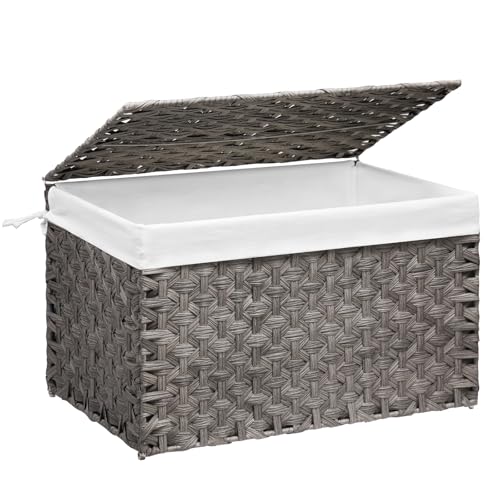 Wicker Storage Basket with Lid, 42.3 Gallon (160L) Large Blanket Basket with Lid, Woven Storage Bin with Handles, Removable Liner, Metal Frame, Foldable, for Bedroom, Laundry Room, Grey - color: Grey, size: 160L:17.7 x 29.9 x 18.1 Inches