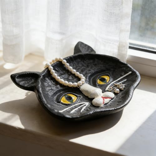 Black Cat Cast Iron Key Dish, Decorative Hand-Painted Key Holder Tray, Multi-Purpose Rustic Storage Organizer Tray for Keys, Jewelry & Small Accessories, Ideal for Entryway