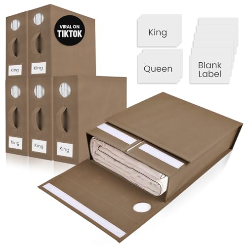 TOSORO 6 Pack Bed Sheet Organizer and Storage, Foldable Storage Bed Sheet Organizer for Linen Closet with Viewing Window & Label for Bedding Sheets & Blankets (Queen & King Size) Taupe - color: Taupe, size: 6 Pack