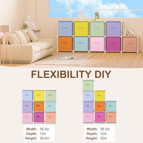 Briwooody 9 Cube Storage Organizer Bins with Shelf 11'' Toy Storage Box Back to School Dorm Organizers Fabric Unit for Playroom Book (Macaron Colors) - color: Macaron Colors