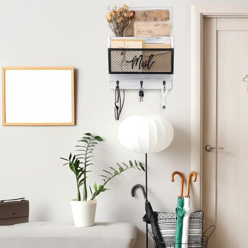 Yalikop Farmhouse Mail Organizer Wall Mounted Rustic Mail Holder Hanging Key Sorter with 3 Hooks Indoor Wooden Wall Mounted, Letter, Magazines, Newspapers, Keys(Classics,White Gray) - color: White Gray