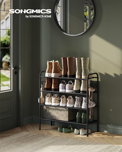 SONGMICS Shoe Rack, 4-Tier Shoe Organizer, Metal Shoe Shelf Storage with 4 Side Hooks, Holds 15 Pairs of Shoes, Height-Adjustable Shoe Rack for Entryway, Hallway, Closet, Ink Black ULMR069B01 - color: Ink Black, size: 4 Tiers (26.7"W)