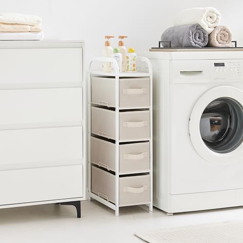 MAX Houser 4 Drawer Narrow Dresser Fabric Storage Tower Vertical Slim Storage Chest Organizer Nightstand Side/End Table Small Standing Organizer Removable Drawers Wood Top for Bedroom, Bathroom(Beige) - color: Beige1