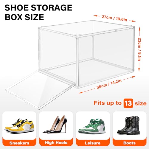 2 Pack Drop Front Shoe Boxes Fit US Size 13, Acrylic Shoe Organizer Clear Stackable Sneaker Sotrage Box for Entryway, Home, Underbed, Multiple Display Cases for Cosmetic, Hats, Figures, Sneakers - size: Large Size 13-14