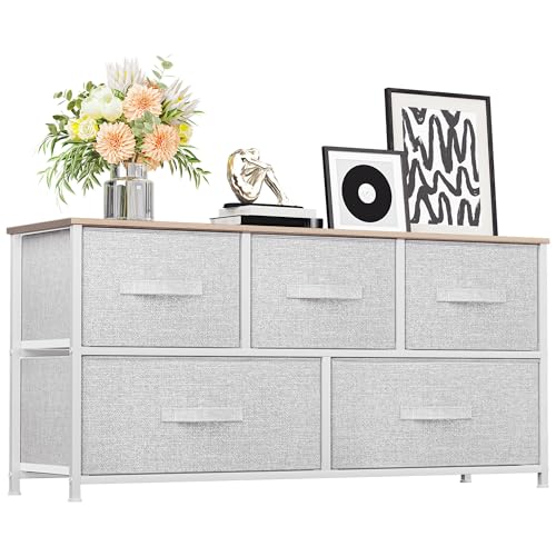 YITAHOME Wide Chest of Drawers, Dresser with 5 Drawers, Light Grey Fabric Storage Tower, Dresser for Bedroom with 5 Drawers, Living Room, Closets - Sturdy Steel Frame, Wooden Top - color: Cool Light Grey, style: 5-Drawer