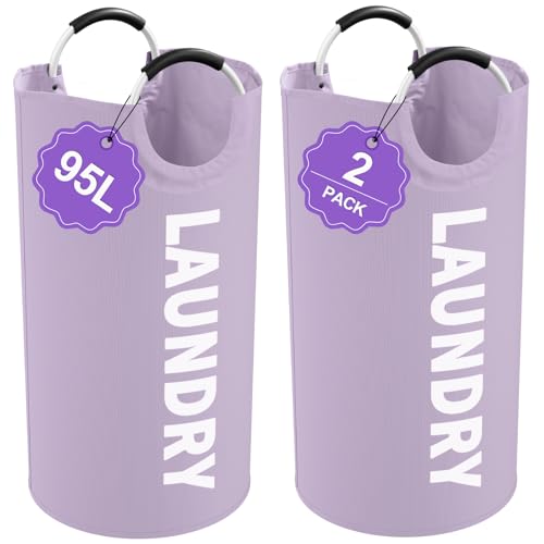 2Pack 95L Purple Collapsible Laundry Basket for Students, Large Laundry Hamper with Handles, Portable Dirty Clothes Hamper, 600D Oxford Fabric Storgae Basket for Bathroom, Dorm - color: 2Pcs Purple, size: L-95L