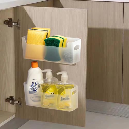 2 Pack Cabinet Organizer Storage, Adhesive Over Cabinet Door Organizer, No Drilling Space Saver Plastic Storage Containers Multi-Use for Kitchen Bathroom Office Bedroom, Translucent - color: Translucent