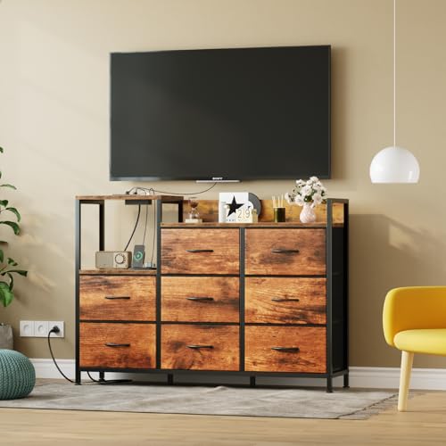 DUMOS TV Stand Dresser with 8 Fabric Drawers & Open Shelves, TV Stand for Up to 45 inch TV with Wooden Top, Entertainment Center with Charging Station for Living Room, Hallway, Brown - color: Brown, size: 47.24"D x 11.8"W x 33.85"H (8 Drawers)