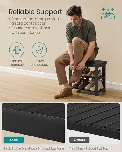 SONGMICS Shoe Rack Bench, 3-Tier Bamboo Shoe Storage Organizer, Entryway Bench, Holds Up to 286 lb, 11.3 x 19.7 x 17.8 Inches, for Entryway Bathroom Bedroom, Ink Black ULBS001B01 - color: Ink Black, size: 19.7"W
