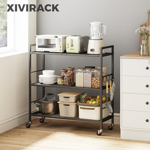 3-Tier Metal Storage Rack with Industrial Wheels,Mesh Shelving Unit with Wooden Table top,Adjustable Shelf,31.5-Inch Width, for Kitchen, Laundry,Pantry,Plant,Black panel and black frame - color: Black Panel, size: 3 Tier (31.5"W x 11.8"D)