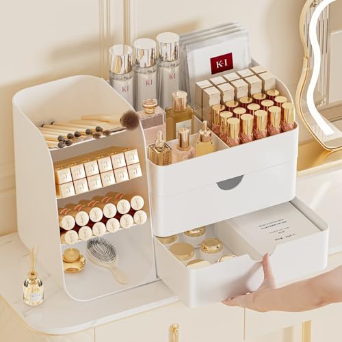 Makeup Organizer with Drawers, Large Capacity Countertop Organizer for Vanity, Bathroom and Bedroom Desk Cosmetics Organizer, Easy To Storage Skincare, Brushes, Eyeshadow, Lipstick (All White) - color: All White, size: Medium