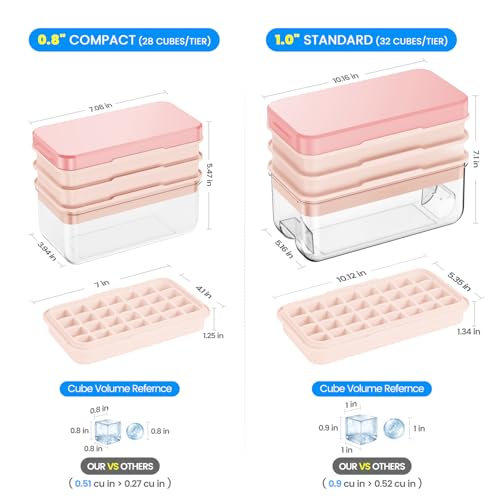 PHINOX Ice Cube Tray with Lid and Bin, 3 Pack Plastic Ice Cube Tray Molds, 84 pcs Ice Trays for freezer, Chilling Drinks, Whiskey & Cocktails, with Ice Container and Ice Scoop, BPA-Free - color: Pink, size: 0.8"-3tier