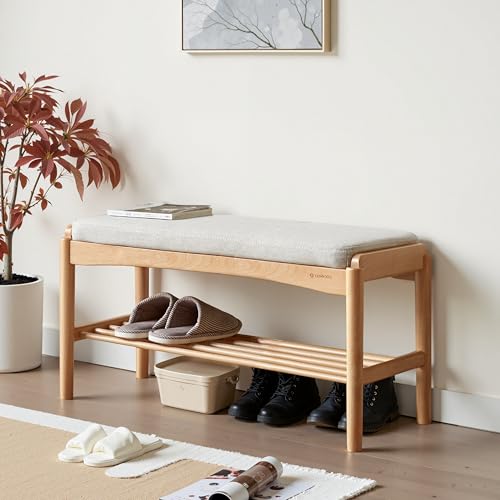 Solid Wood Shoe Bench Assembled, Shoe Rack Bench with Cushion for Entryway, Living Room, Bedroom, Hallway, 11.8" x 31.5" x 16.5", Natural - color: Natural + Light Gray, size: 31.5"
