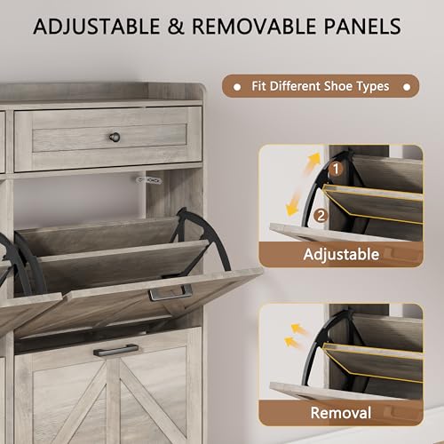 Shoe Cabinet with 6 Flip Drawers & 2 Top Drawers, 57" Tall Freestanding Narrow Wooden Shoe Storage Organizer for Entryway, Hidden Slim Shoe Rack for Front Door Entrance, Hallway, Living Room, Grey - color: Grey, size: 6 Flip Drawers