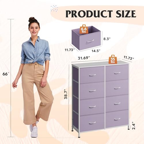 WLIVE Fabric Dresser for Bedroom, Tall Dresser with 8 Drawers, Storage Tower with Fabric Bins, Double Dresser, Chest of Drawers for Closet, Playroom, Dormitory, Purple - color: Purple, style: General