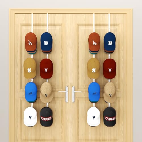 HapiRm Over Door Hat Rack - 4 Packs Metal Hanging Hat Organizer with 16 Hooks Design, Baseball Cap Hanger Organizer Storage Holds up to 80 Caps for Door, Bedroom, Closet(White) - color: White, size: 4 Pack