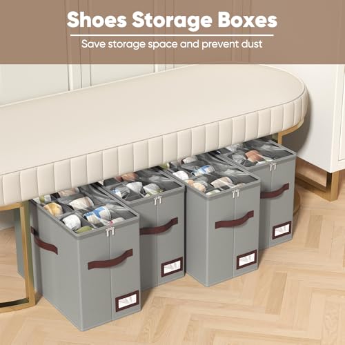 OIAHOMY 4 Pack Shoe Organizer for Closet, Foldable Shoe Storage Bins with Adjustable Dividers, Stackable Oxford Cloth Sneaker Boxes for Entryway Bedroom, Fits Up to 32 Pairs, Grey - color: Grey, size: 4 Pack