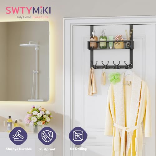 SWTYMIKI Over The Door Hook with 16 Hooks & Mesh Baskets - Heavy Duty Over The Door Organizer Hanger for Towels, Coats, Clothes - Space Saving Hanging Rack for Bathroom, Living Room, Black - color: Black-1 Basket