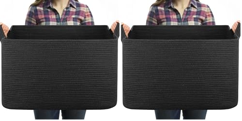 OIASKET 95L Large Blanket Basket, Black Blanket Storage Living Room, Rectangle Woven Baskets for Storage Toys, Towels, Dirty Clothes Organizer Bins (Black) (Pack of 2) - color: Black, size: 24"x16.9"x14.2" (Pack of 2)
