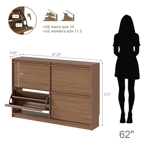 Shoe Storage Cabinet for Entryway with 4 Flip Drawers, Wooden Shoe Organizer Cabinet with Adjustable Shelf, Slim Freestanding Shoe Rack for Entryway, Hallway, Living Room, Walnut - color: Walnut