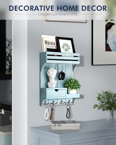 Rebee Vision Decorative Key Holder Wall Mount with Mini Drawer Organizer - Stylish Key Holder for Wall with Mail Organizer & 9 Key Hooks - Apartment Essentials for Home Decor (Blue) - color: Blue, style: Small Drawer