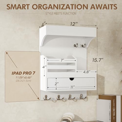 Rebee Vision Key Holder Wall Mount with Drawer Organizer – Pine Wooden Mail and Key Organizer with 6 Sturdy Hooks and Wall Shelf – Modern Living Room Decor for a Modern Home (White) - color: White, style: Large Drawer