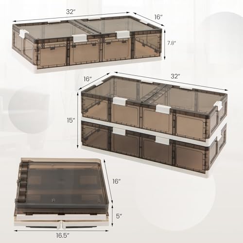 Giantex 26.5Gal Under Bed Storage Containers, 2 Pack Stackable Rolling Plastic Storage Boxes with Wheels & Lids, Clear Collapsible Storage Bins for Clothes, Shoes, Blankets