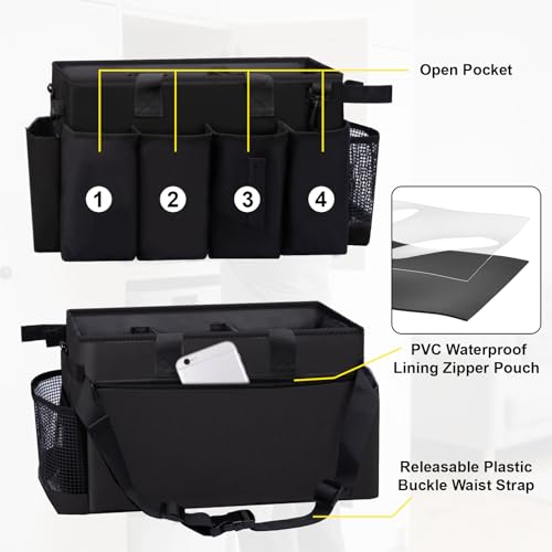 Wearable Large Cleaning Caddy Bag for Housekeeper, Clean Supply Organizer with Adjustable Shoulder, Waist & Handle Straps, Detailing Bag for Kitchen Supplies (Black) - color: Black