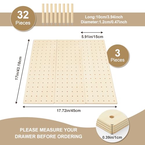 Kigley 3 Pcs Wood Pegboard Drawer Organizer with 32 Pegs Wooden Peg Board Drawer Shelf Organizer Adjustable Peg System for Dishes Plate Pot Container Cookware Utensil Kitchen(17 x 5.91 in) - size: 17 x 5.91 in
